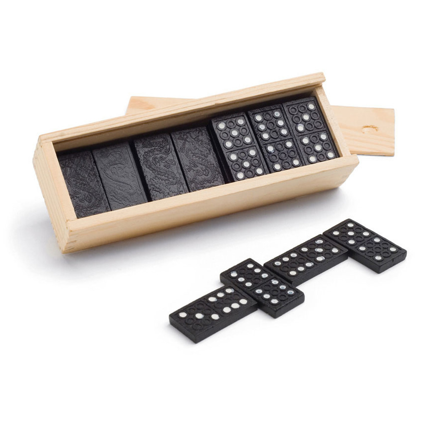 Domino spel 140x stuks steentjes in houten kistje